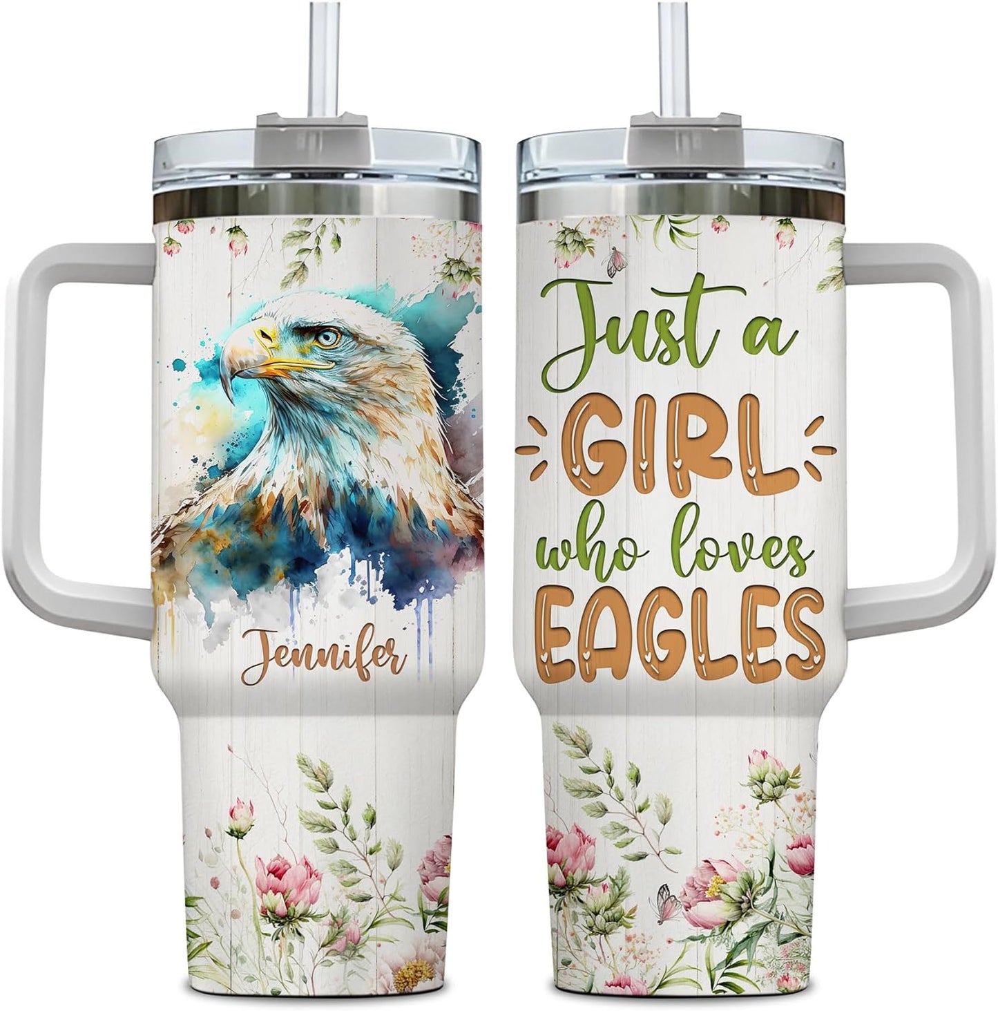 Eagle Tumbler 40oz – Personalized Stainless Steel Insulated Travel Cup with Handle & Straw – Majestic Bird Coffee Mug Gift for Nature Lovers