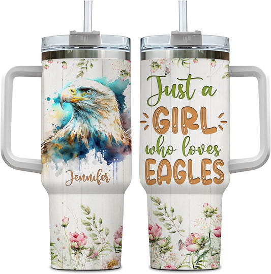 Eagle Tumbler 40oz – Personalized Stainless Steel Insulated Travel Cup with Handle & Straw – Majestic Bird Coffee Mug Gift for Nature Lovers