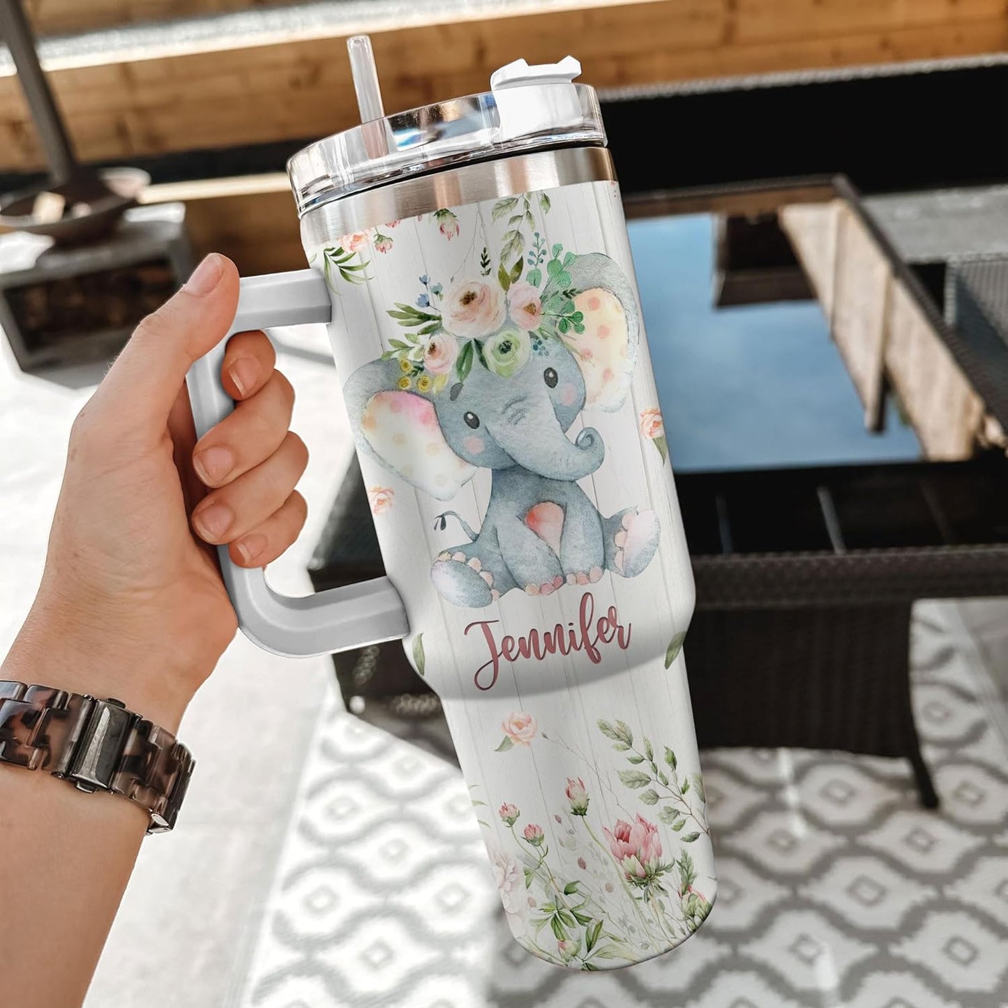 Elephant Floral 40oz Tumbler with Handle & Straw – Personalized Stainless Steel Insulated Travel Cup with Lid – Creative Gift for Animal Lovers