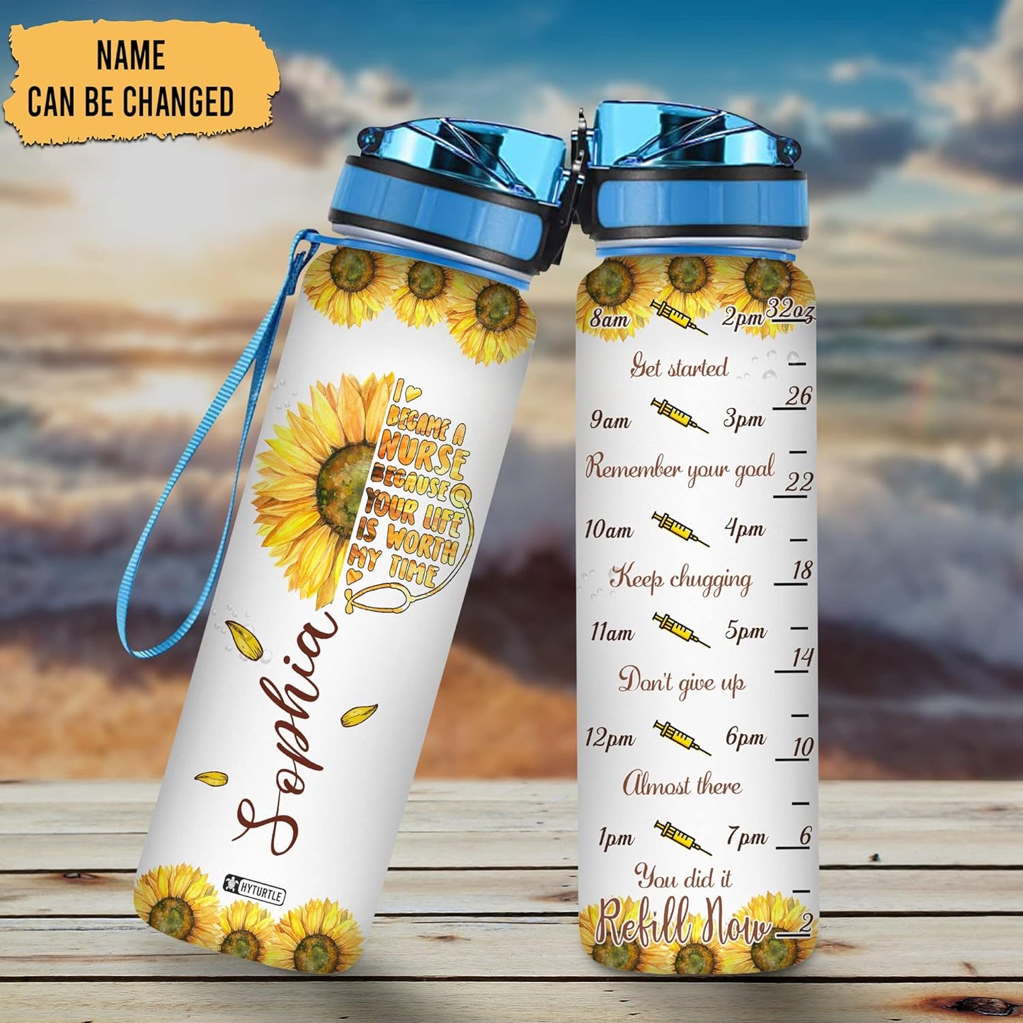 Sunflower Nurse Theme Water Bottle Tracker 32oz – Personalized Hydration Bottle with Time Marker – Unique Gift for Nurses