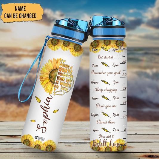 Sunflower Nurse Theme Water Bottle Tracker 32oz – Personalized Hydration Bottle with Time Marker – Unique Gift for Nurses