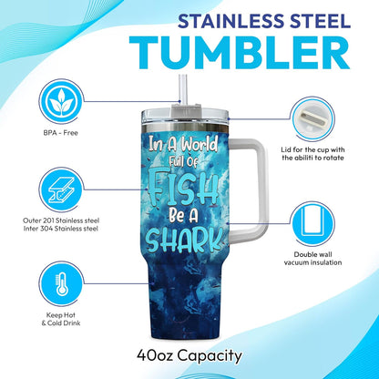 Fierce Shark Ocean Tumbler 40oz with Handle & Straw – Personalized Stainless Steel Travel Cup with Lid – Cool Gift for Shark Lovers