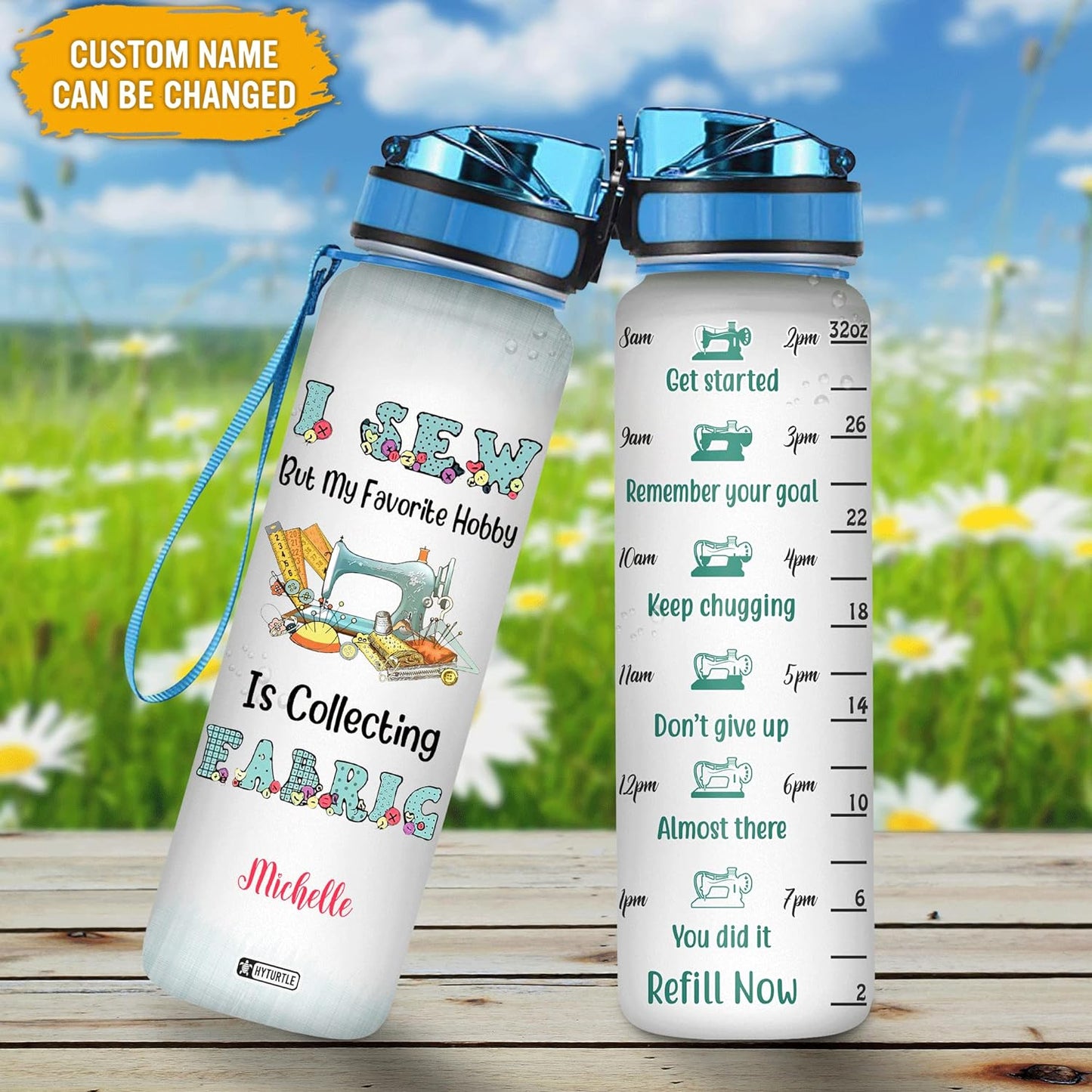 Sewing Fabric Lover Water Bottle Tracker 32oz – Personalized Hydration Bottle with Time Marker – Creative Gift for Seamstress