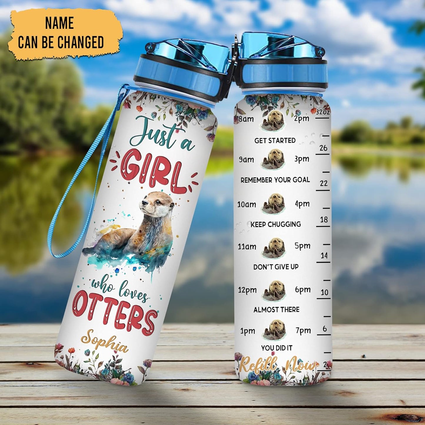 Otter Lovers Water Bottle Tracker 32oz – Personalized Motivational Bottle with Time Marker – Fun Gift for Women & Animal Fans