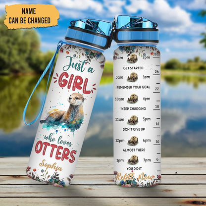 Otter Lovers Water Bottle Tracker 32oz – Personalized Motivational Bottle with Time Marker – Fun Gift for Women & Animal Fans