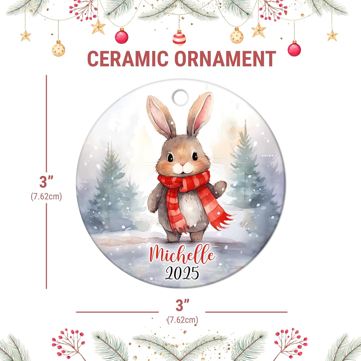 Baby Bunny First Christmas Ceramic Ornament – Personalized 2025 Keepsake Gift for Newborn Boy or Girl and New Parents