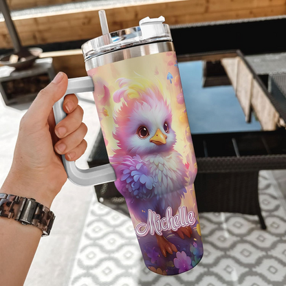 Colorful Chicken Tumbler 40oz with Handle & Straw – Personalized Stainless Steel Cup with Lid – Cute Farm Animal Gift for Women & Girls