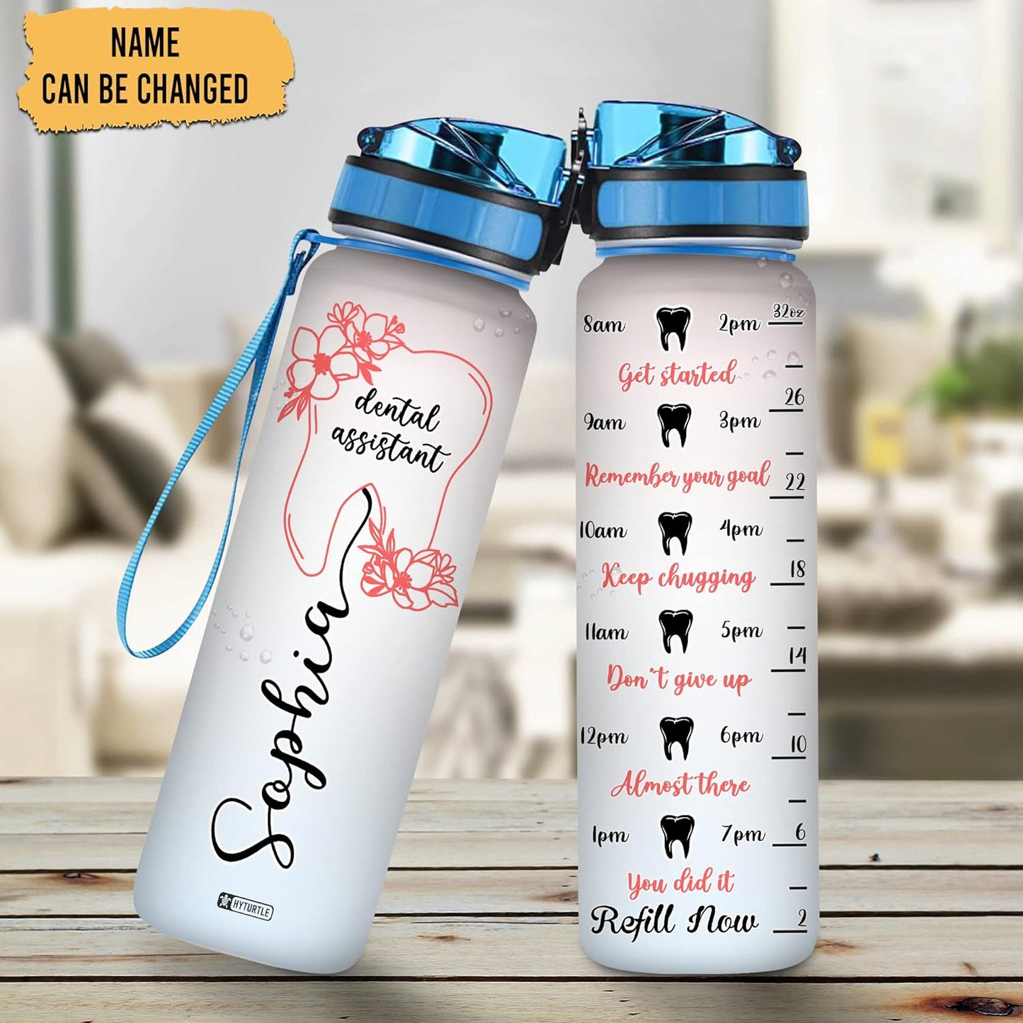 Dental Assistant Water Bottle Tracker 32oz – Personalized Hydration Bottle with Time Marker – Gift for Dentist & Hygienist