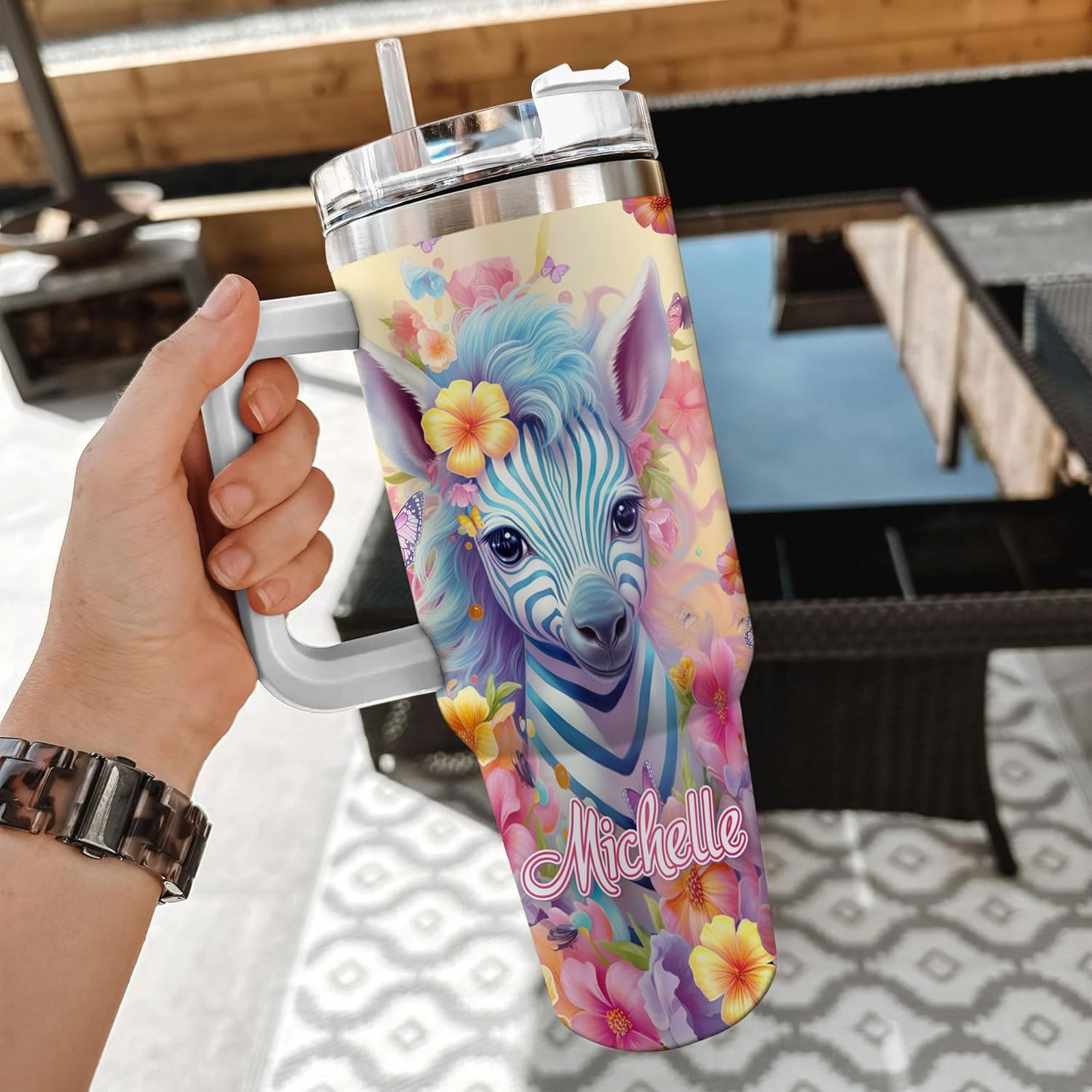 Zebra Lover Tumbler 40oz with Handle & Straw – Personalized Stainless Steel Insulated Cup with Lid – Stylish Birthday Gift for Animal Fans