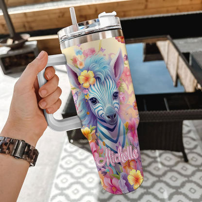 Zebra Lover Tumbler 40oz with Handle & Straw – Personalized Stainless Steel Insulated Cup with Lid – Stylish Birthday Gift for Animal Fans