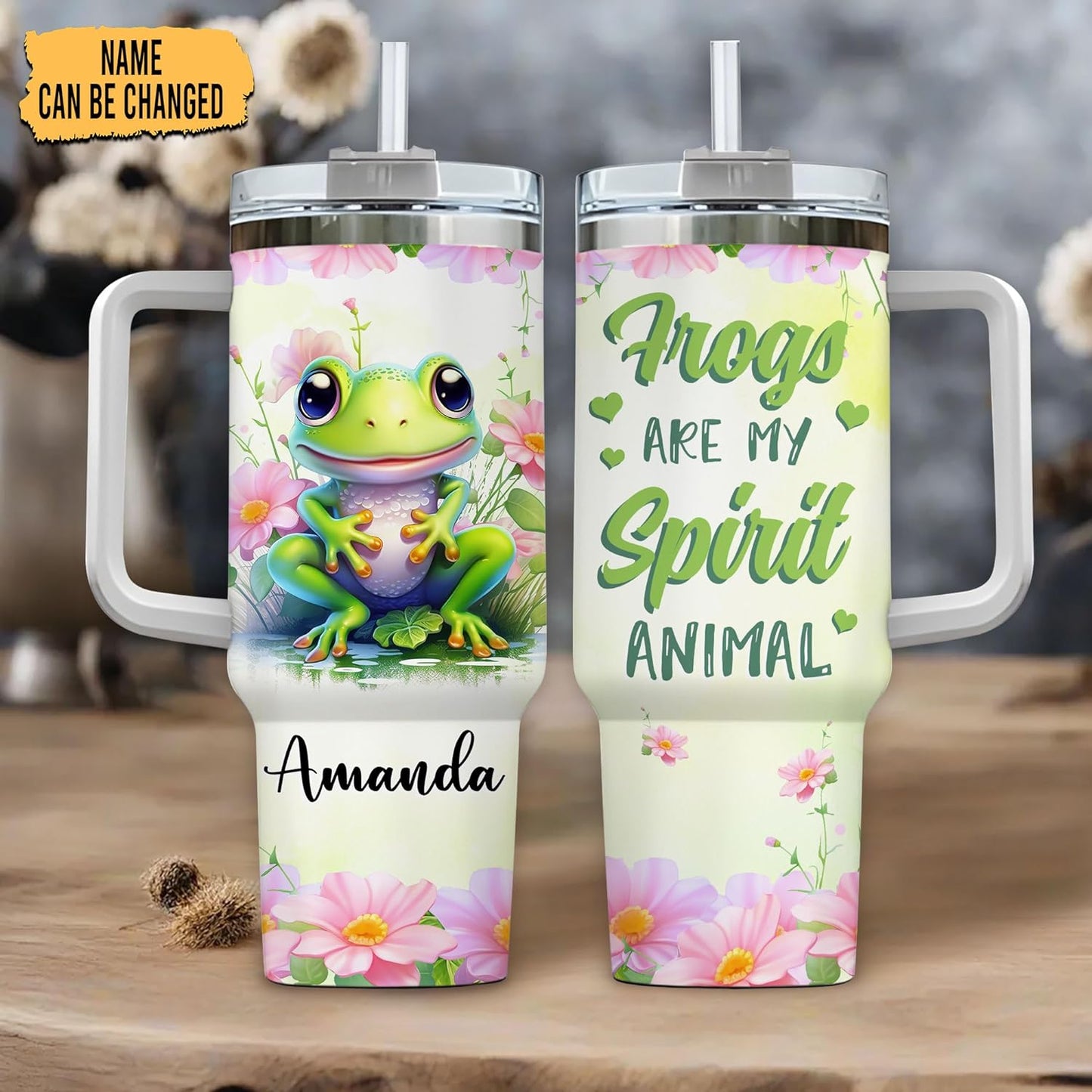 Frog Spirit Animal Tumbler 40oz – Personalized Stainless Steel Insulated Travel Cup with Handle & Straw – Unique Gift for Frog Lovers