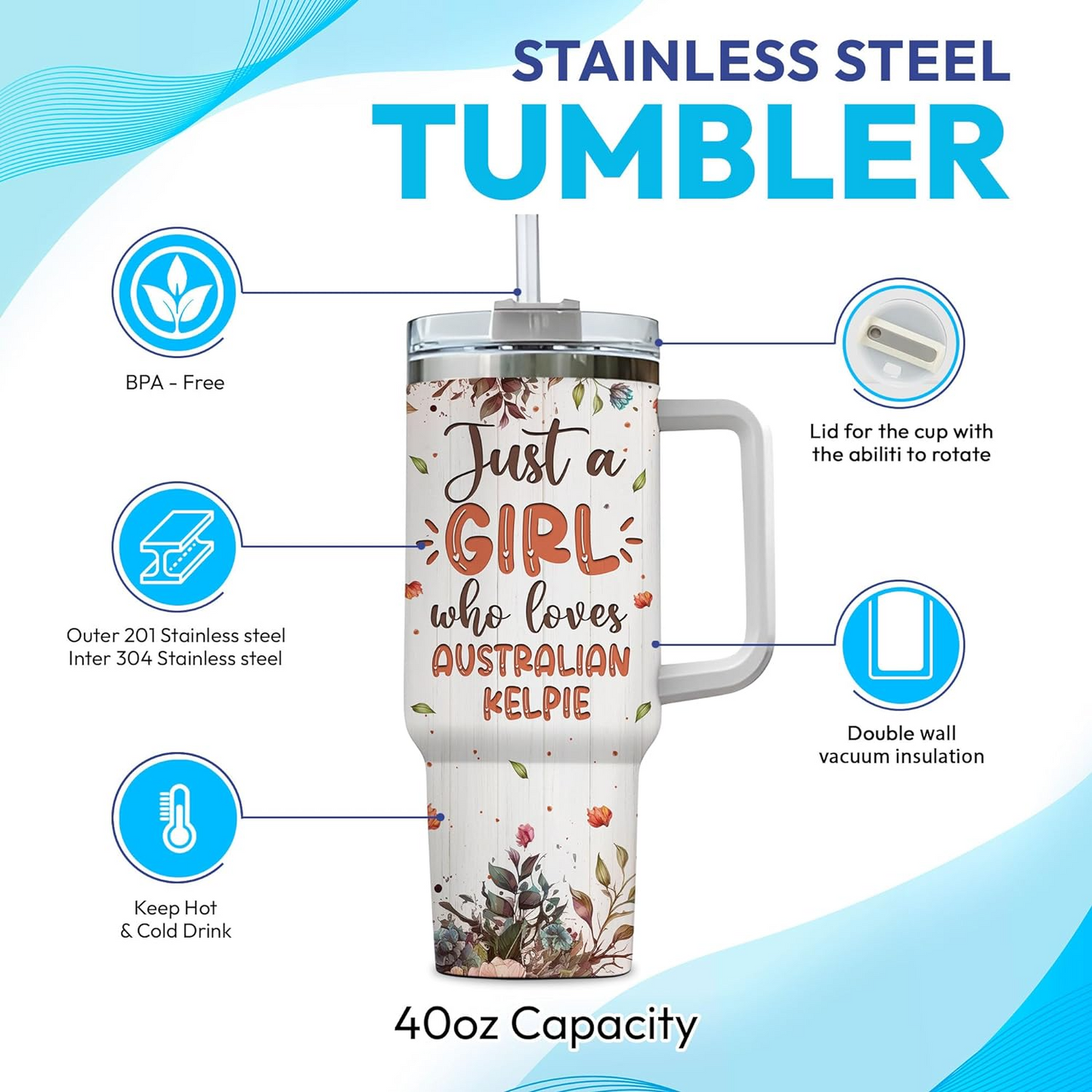 Australian Kelpie Lover Tumbler 40oz with Handle & Straw – Personalized Stainless Steel Insulated Cup – Unique Gift for Dog Moms