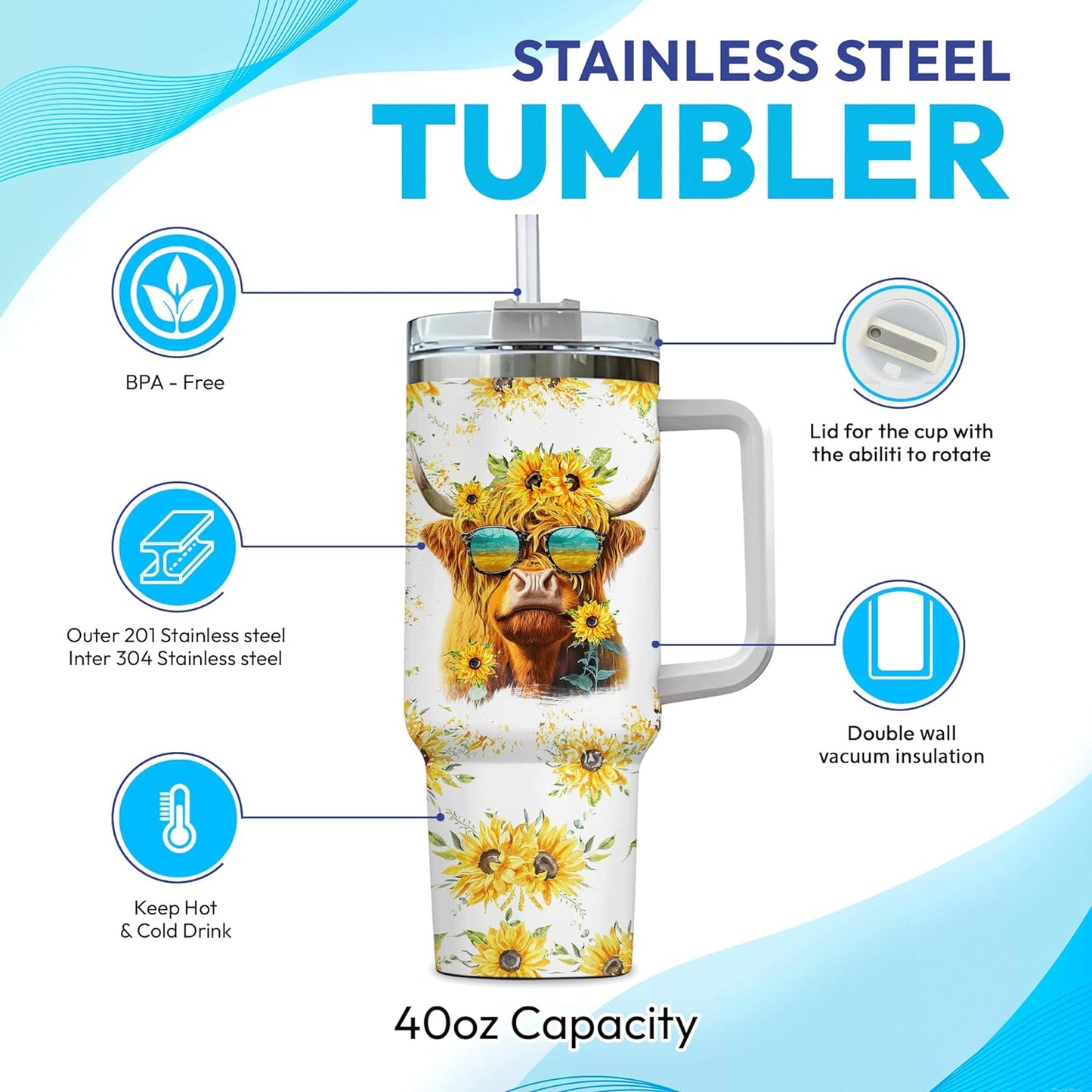 Highland Cow Tumbler 40oz with Handle & Straw – Personalized Stainless Steel Insulated Travel Cup with Lid – Fun Farm Gift for Cow Lovers