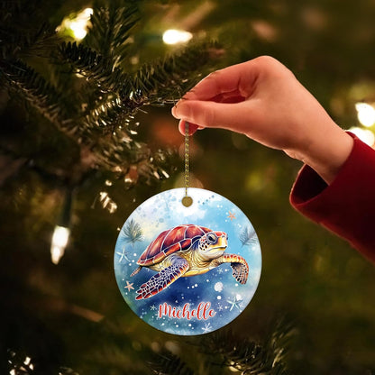 Sea Turtle Ocean Blue Ceramic Ornament – Personalized Custom Name Circle Keepsake, Christmas or Birthday Gift for Turtle Lover