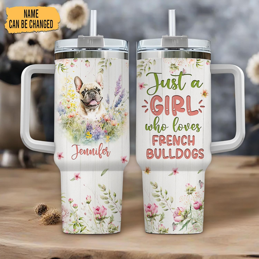 French Bulldog Lover Tumbler 40oz – Personalized Stainless Steel Insulated Cup with Handle & Straw, Pastel Floral Dog Design – Creative Gift for Women & Girls