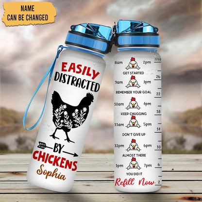 Easily Distracted by Chickens Water Bottle Tracker 32oz – Personalized Motivational Bottle with Time Marker – Funny Gift for Chicken Lovers