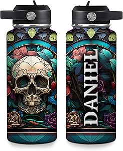Skull Water Bottle 32oz – Insulated Stainless Steel Bottle with Leak-Proof Lid – Personalized Gothic Gift