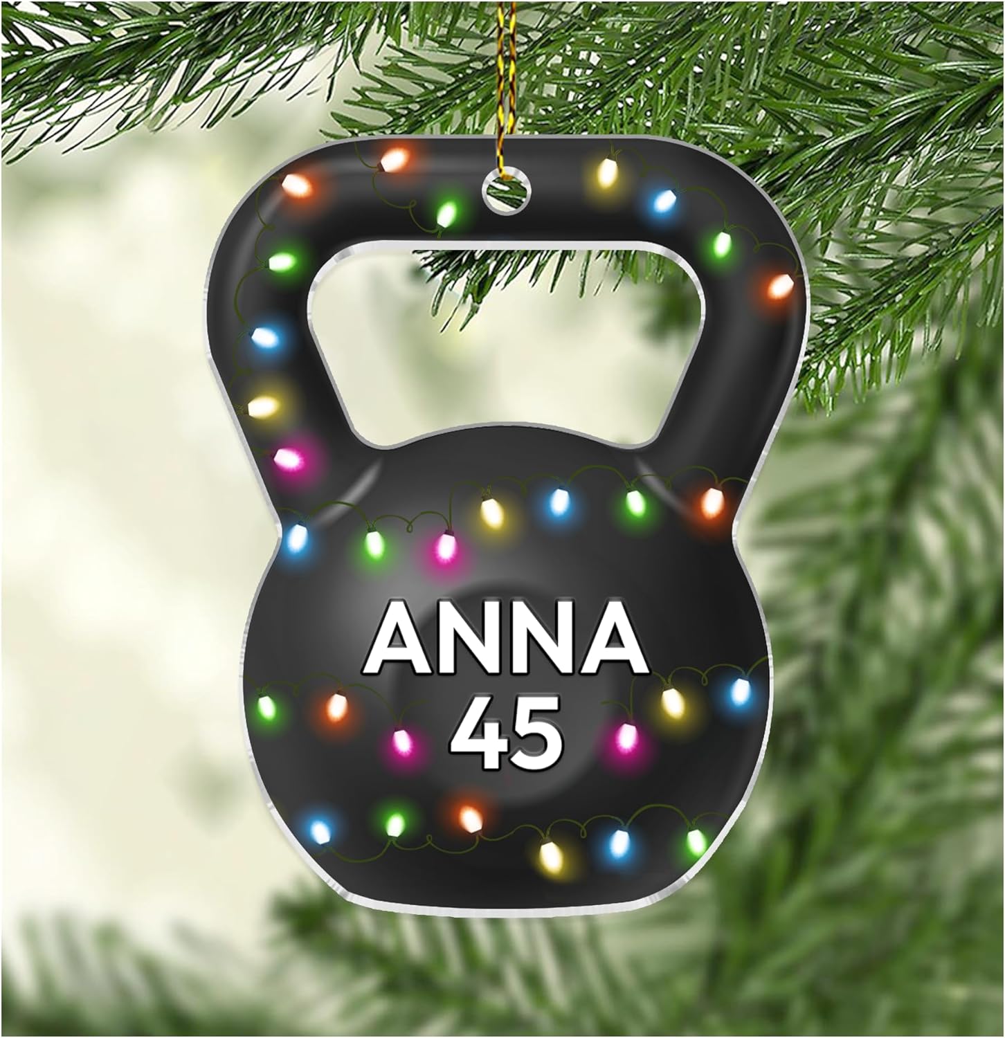 Kettlebell with festive lights cut acrylic ornament – personalized 2D flat silhouette, custom name Christmas gift for lifter, trainer or fitness friend
