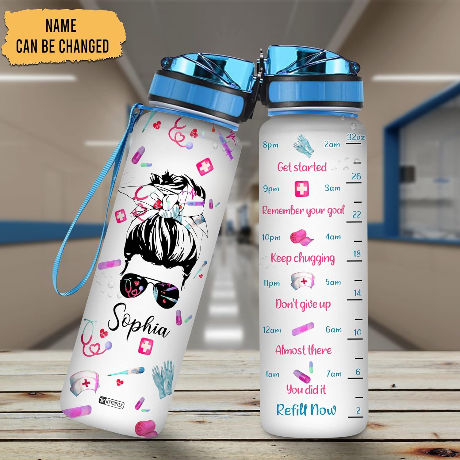 Nurse Bun Hair - Personalized Water Tracker Bottle 32oz