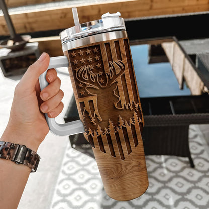 Deer Hunting Tumbler 40oz – Personalized Stainless Steel Insulated Travel Cup with Handle & Straw, Leak-Proof Lid – Rugged Gift for Hunters & Outdoorsmen