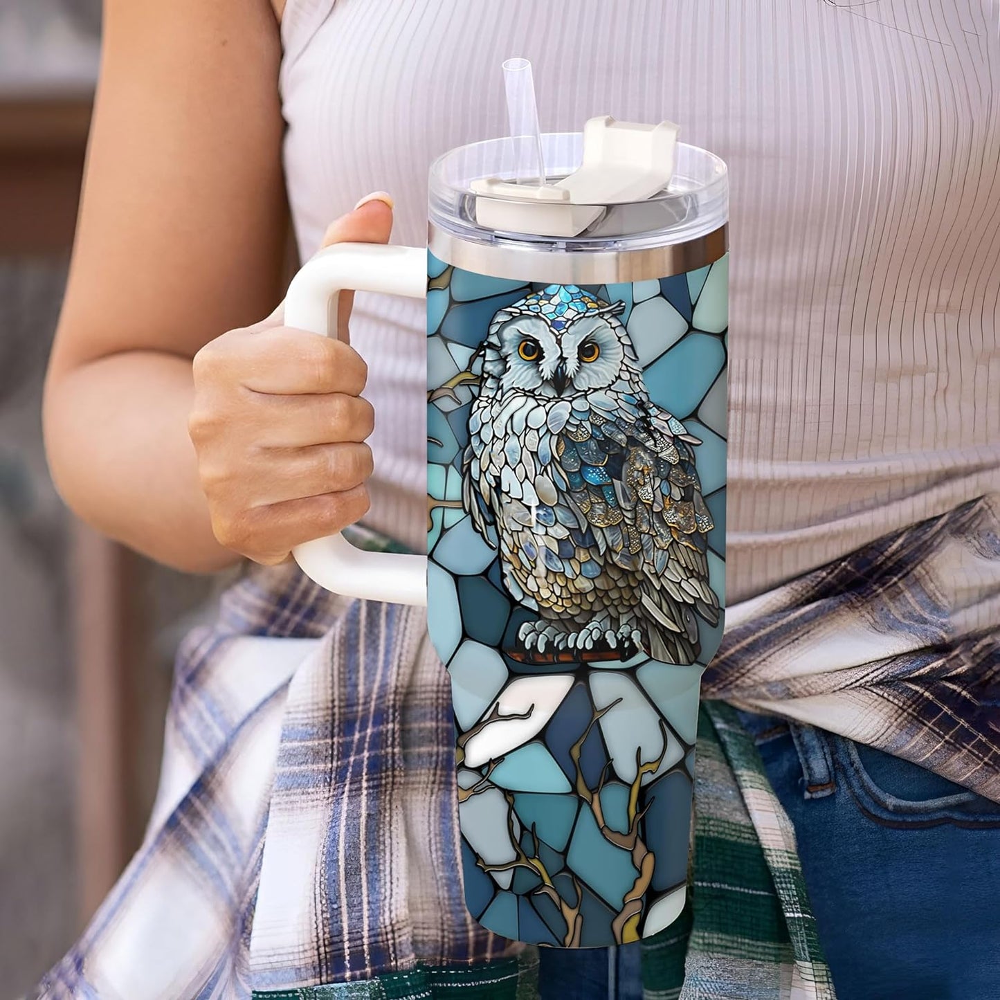 Blue Mosaic Owl Tumbler 40oz with Handle & Straw – Personalized Stainless Steel Insulated Travel Cup with Lid – Stylish Gift for Owl Lovers
