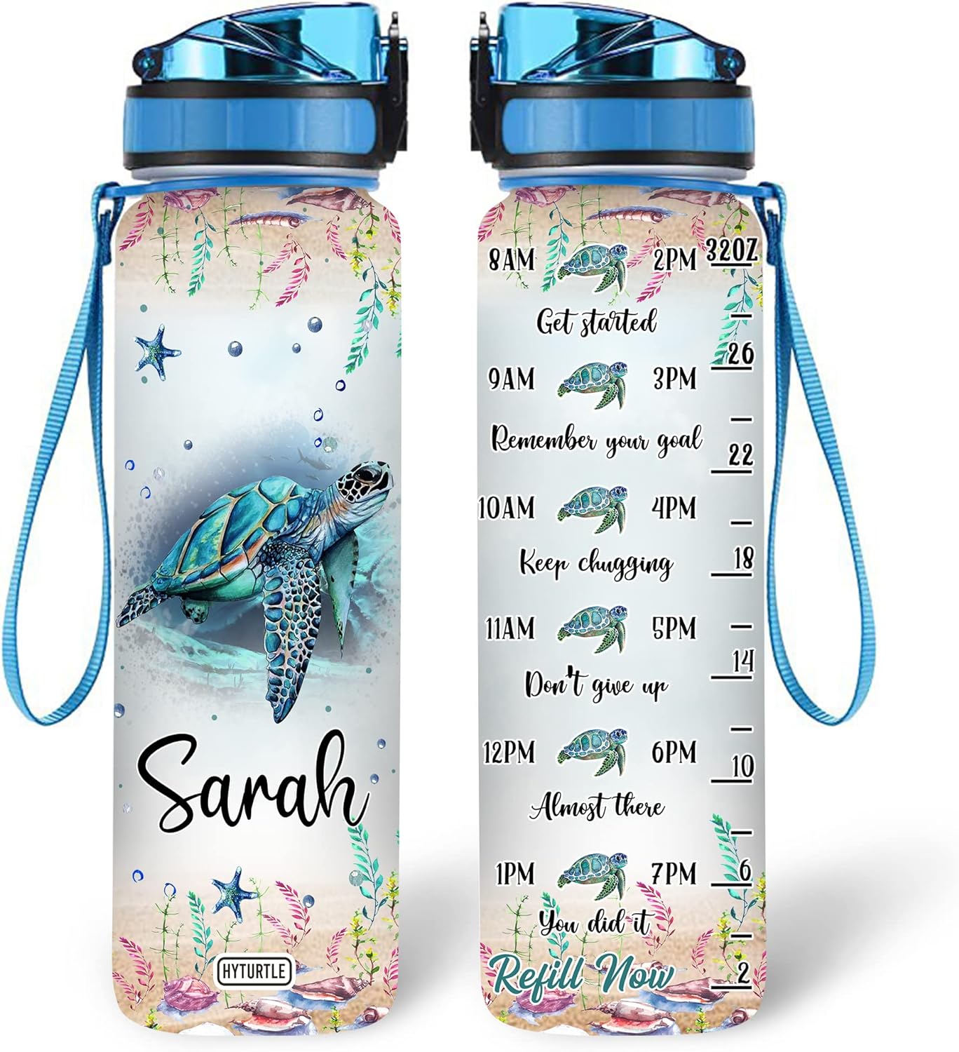 Sea Turtle Water Bottle Tracker 32oz – Personalized Motivational Bottle with Time Marker – Eco-Friendly Gift for Ocean Lovers