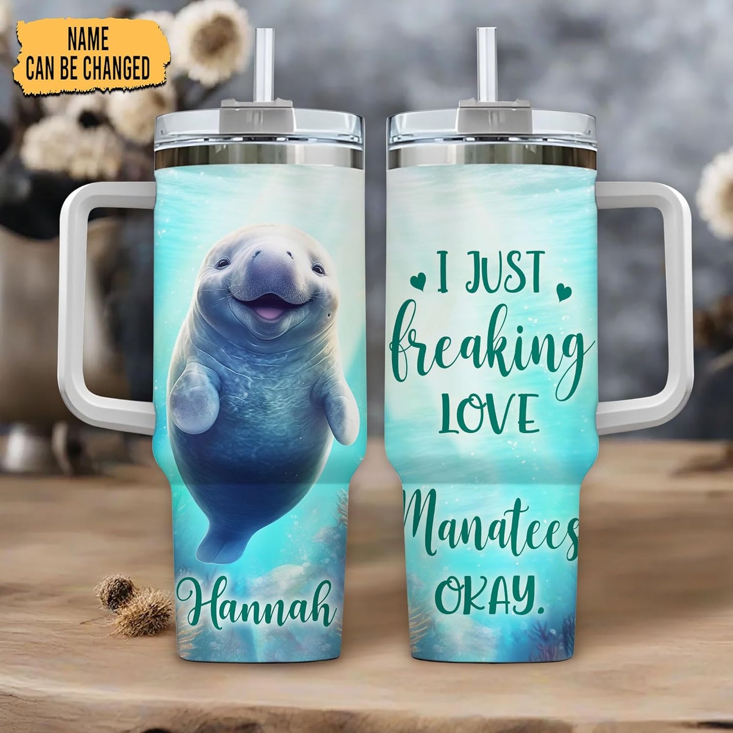 Manatee Lover Tumbler 40oz – Personalized Stainless Steel Insulated Travel Cup with Handle & Straw, Leak-Proof Lid – Unique Sea Animal Gift for Ocean Lovers