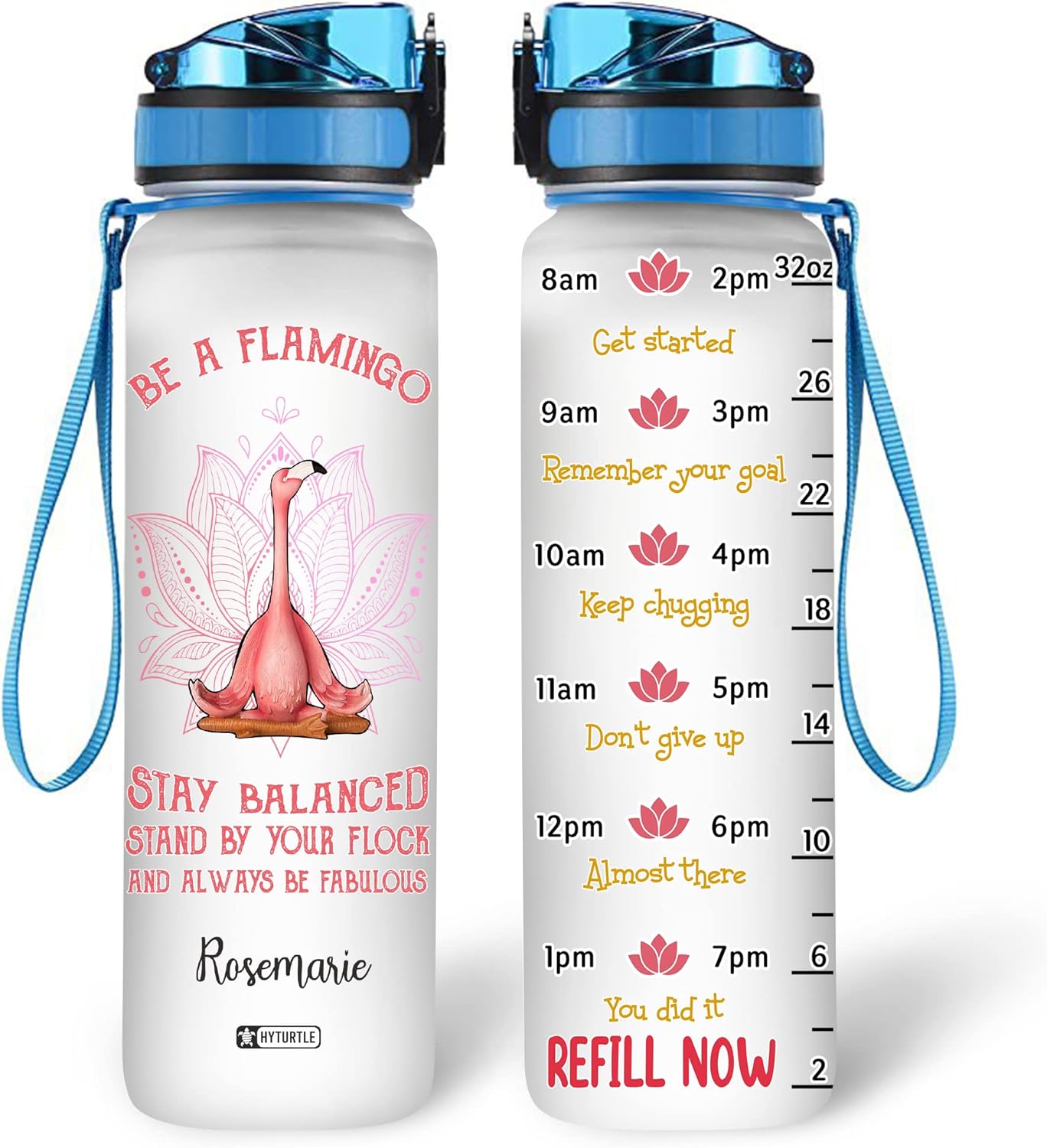 Flamingo Yoga Water Bottle Tracker 32oz Personalized – Motivational Daily Bottle with Time Marker – Unique Gift for Women