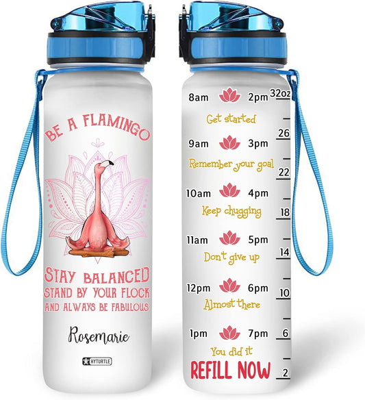 Flamingo Yoga Water Bottle Tracker 32oz Personalized – Motivational Daily Bottle with Time Marker – Unique Gift for Women