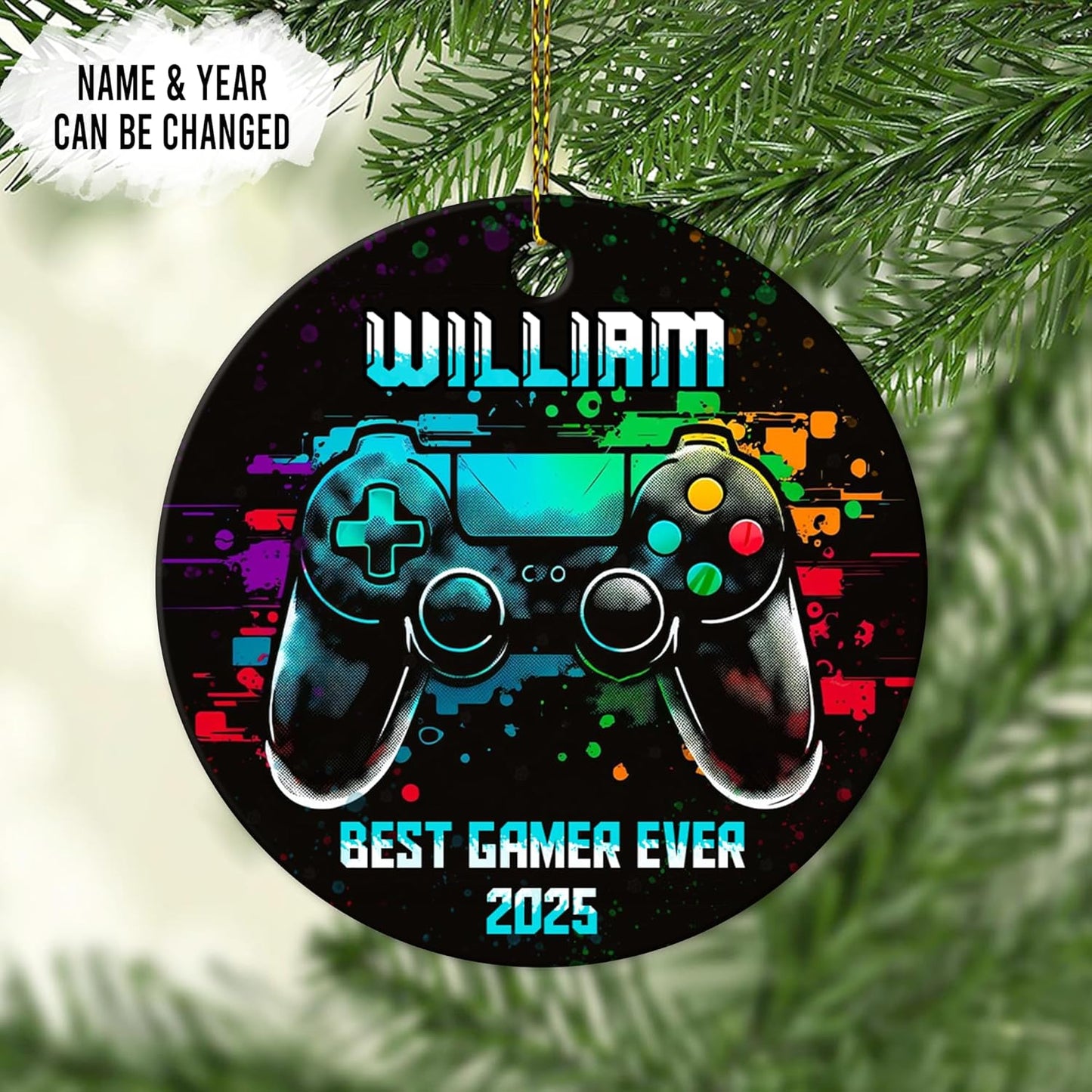Gamer Controller Neon Ceramic Ornament – Personalized Custom Name Circle Keepsake, Christmas Gift for Boys, Men or Video Game Lover