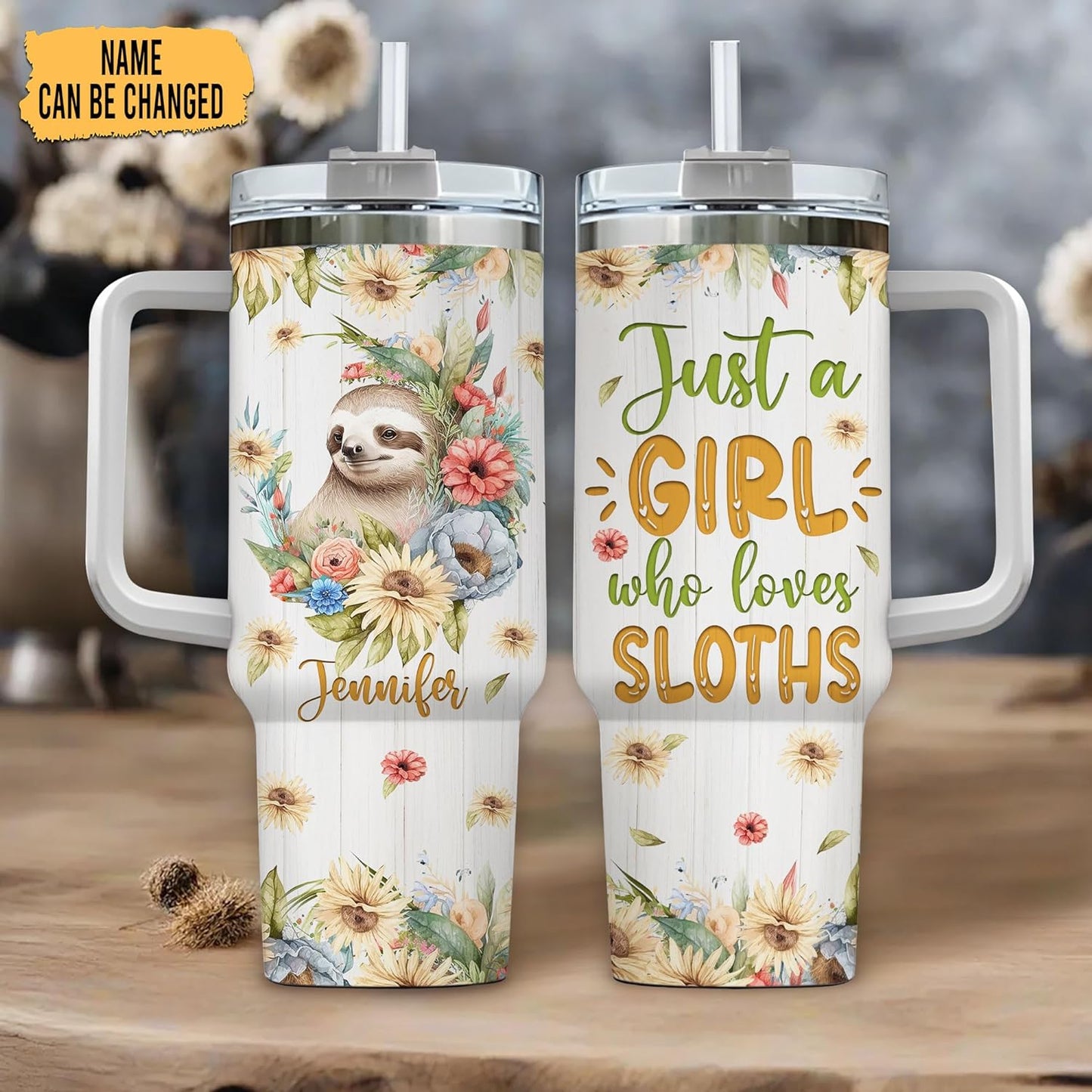 Sloth Floral Tumbler 40oz – Personalized Stainless Steel Insulated Cup with Handle & Straw – Unique Gift for Sloth Lovers