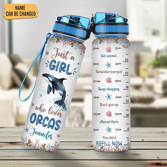 Orca Lovers Water Bottle Tracker 32oz – Personalized Hydration Bottle with Time Marker – Inspirational Gift for Sea Life Fans