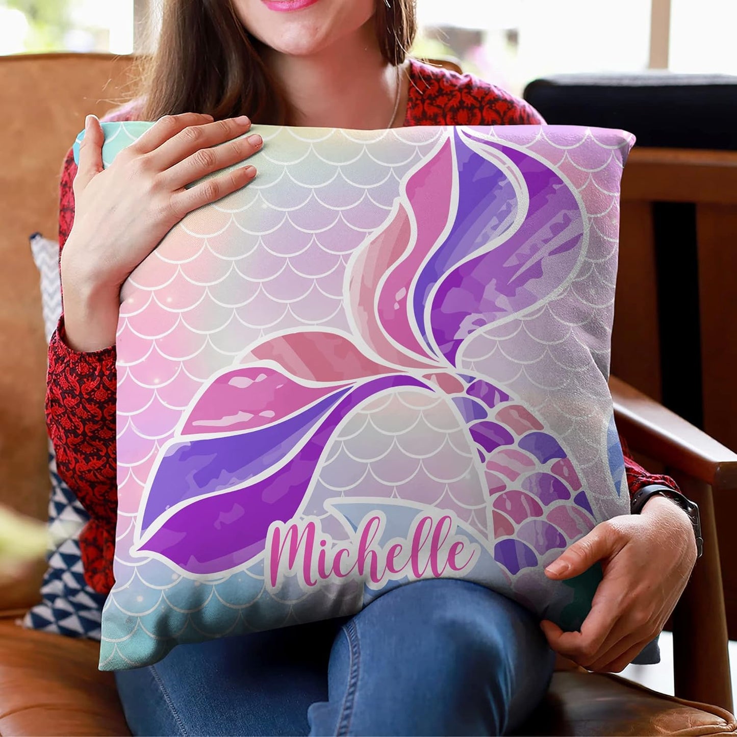 Mermaid Tail Personalized Pillow with Insert – Custom Name Cushion for Girls – Rainbow Scales Pastel Home Décor Gift for Mermaid Lovers