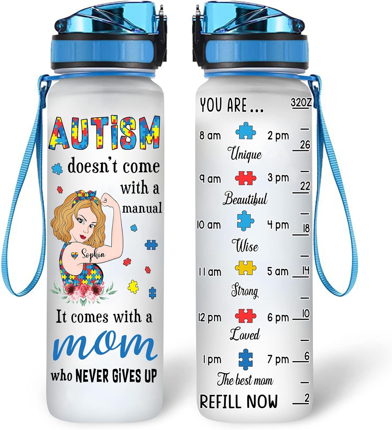 Autism Awareness Mom Water Bottle Tracker 32oz – Personalized BPA-Free Motivational Bottle with Time Marker – Unique Gift for Strong Moms