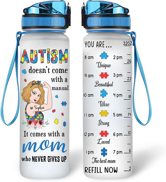 Autism Awareness Mom Water Bottle Tracker 32oz – Personalized BPA-Free Motivational Bottle with Time Marker – Unique Gift for Strong Moms