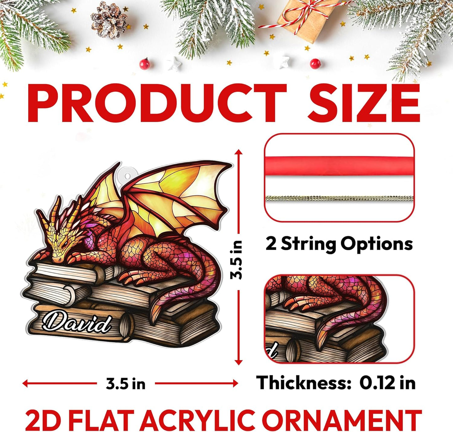 Book Dragon Cut Acrylic Ornament – Personalized Christmas Gift for Bookworm, Reader, or Fantasy Lover – Unique Tree Keepsake