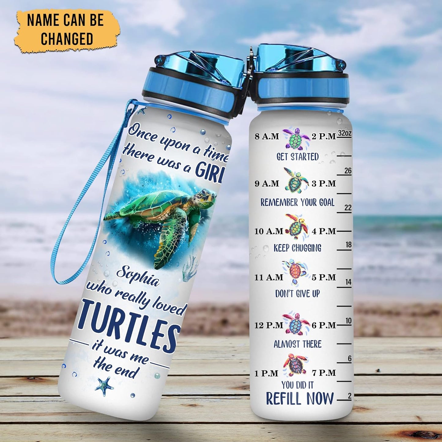 Turtle Lover Water Bottle Tracker 32oz – Personalized Motivational Bottle with Time Marker – Inspirational Gift for Women & Girls