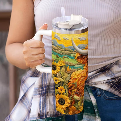 Highland Cow & Sunflower Tumbler 40oz with Handle & Straw – Personalized Stainless Steel Insulated Travel Cup with Lid – Farm Animal Lover Gift for Women
