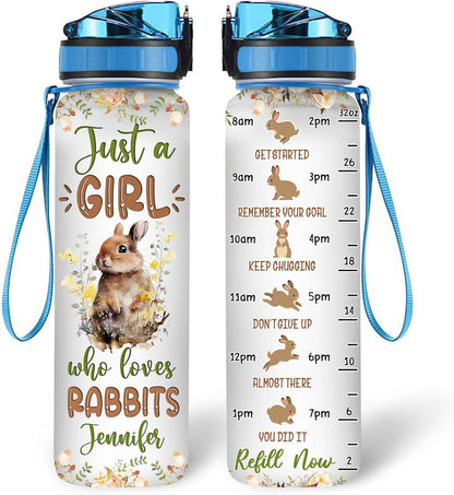 Rabbit Lovers Water Bottle Tracker 32oz – Personalized Motivational Time Marker Hydration Bottle – Unique Gift for Women, Girls on Birthday, Christmas