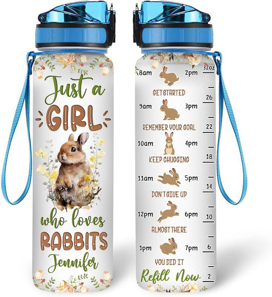Rabbit Lovers Water Bottle Tracker 32oz – Personalized Motivational Time Marker Hydration Bottle – Unique Gift for Women, Girls on Birthday, Christmas