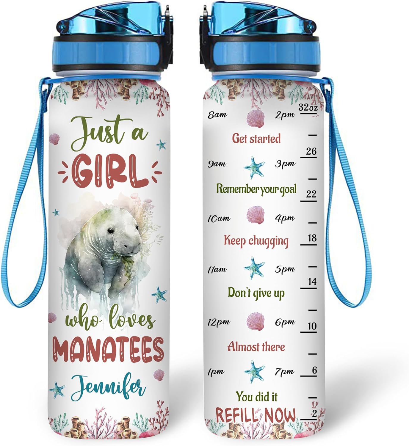 Manatee Lovers Water Bottle Tracker 32oz – Personalized Hydration Bottle with Time Marker – Sentimental Gift for Ocean Lovers