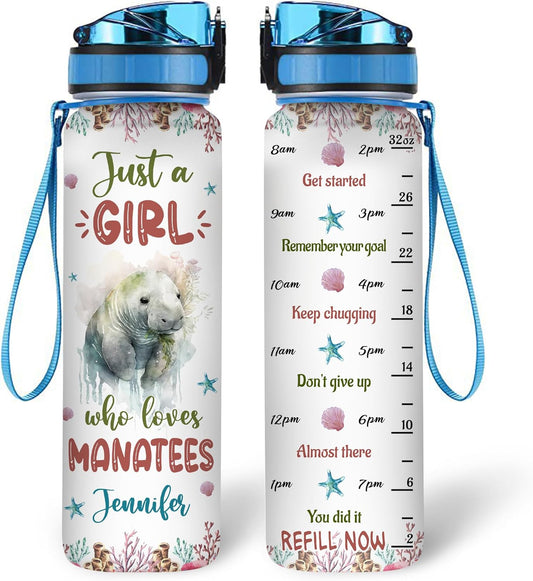 Manatee Lovers Water Bottle Tracker 32oz – Personalized Hydration Bottle with Time Marker – Sentimental Gift for Ocean Lovers