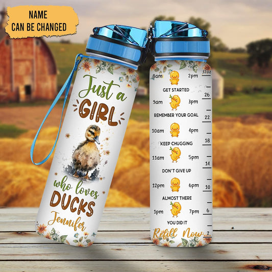 Cute Duck Water Bottle Tracker 32oz – Personalized Motivational Water Bottle with Time Marker – Adorable Gift for Duck Lovers