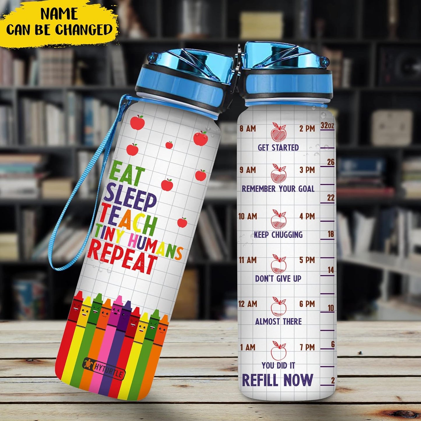 Eat Sleep Teach Tiny Humans Repeat Water Bottle Tracker 32oz – Personalized Teacher Hydration Bottle with Time Marker – Back to School Gift