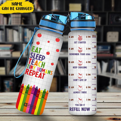 Eat Sleep Teach Tiny Humans Repeat Water Bottle Tracker 32oz – Personalized Teacher Hydration Bottle with Time Marker – Back to School Gift