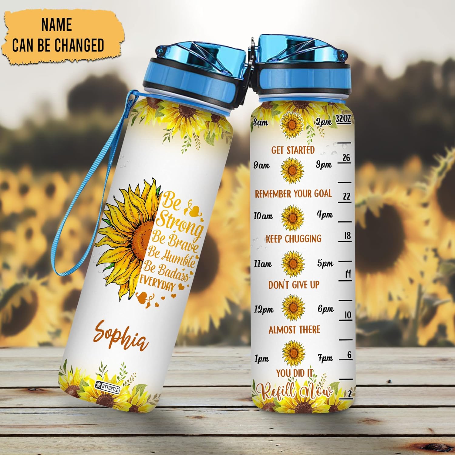 Sunflower Theme Floral - Personalized Water Tracker Bottle 32oz