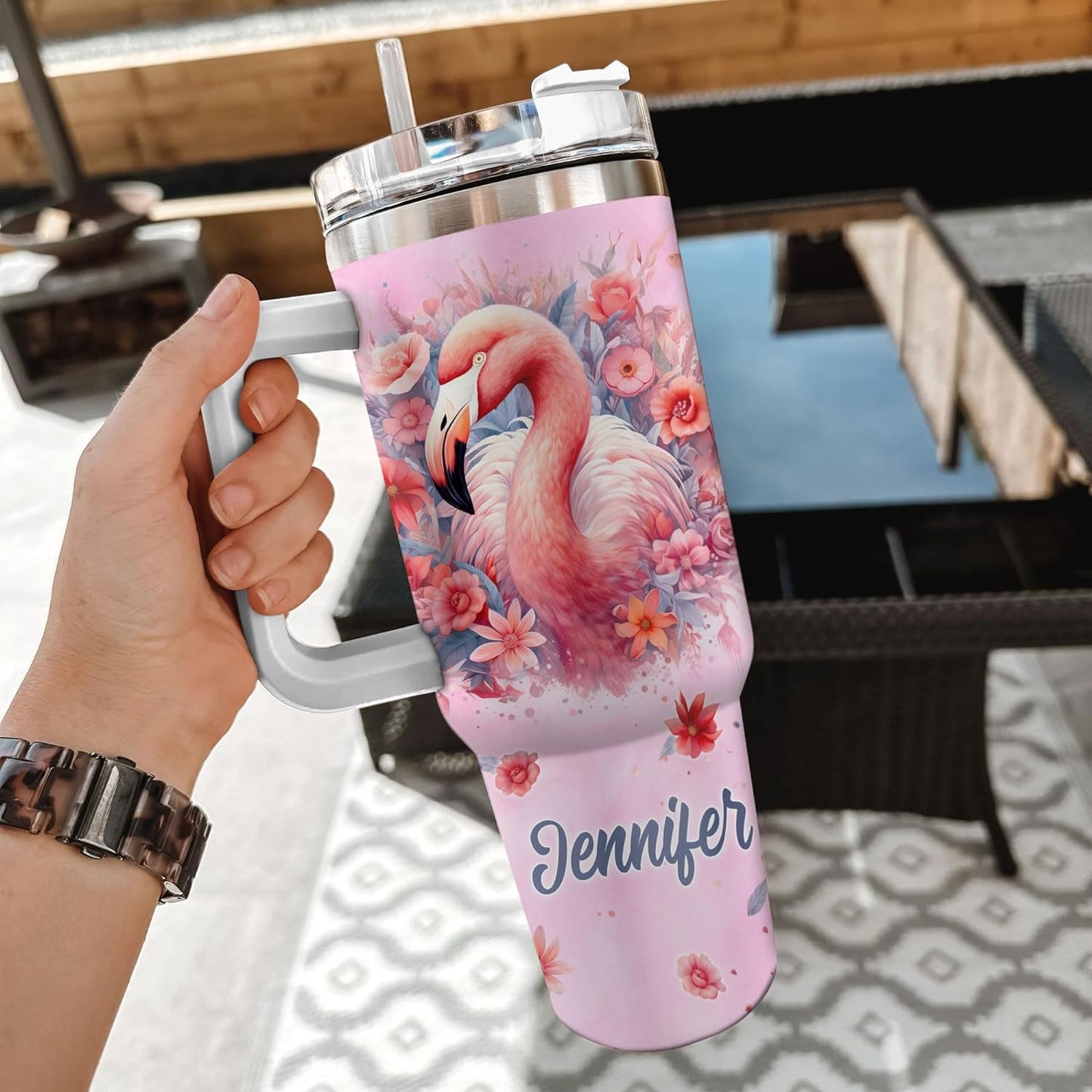 Pink Flamingo Tumbler 40oz – Personalized Stainless Steel Insulated Cup with Handle & Straw – Stylish Gift for Flamingo Lovers