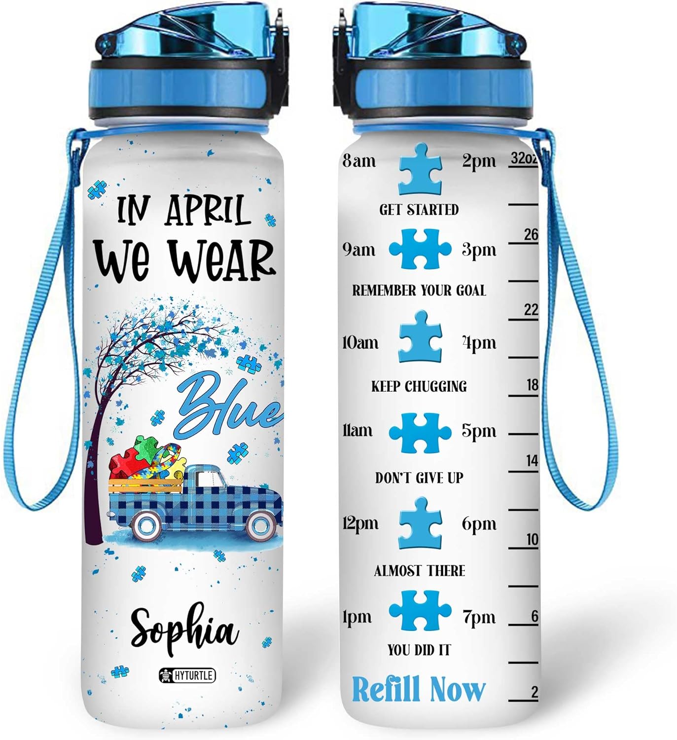 In April We Wear Blue Autism- Personalized Water Tracker Bottle 32oz