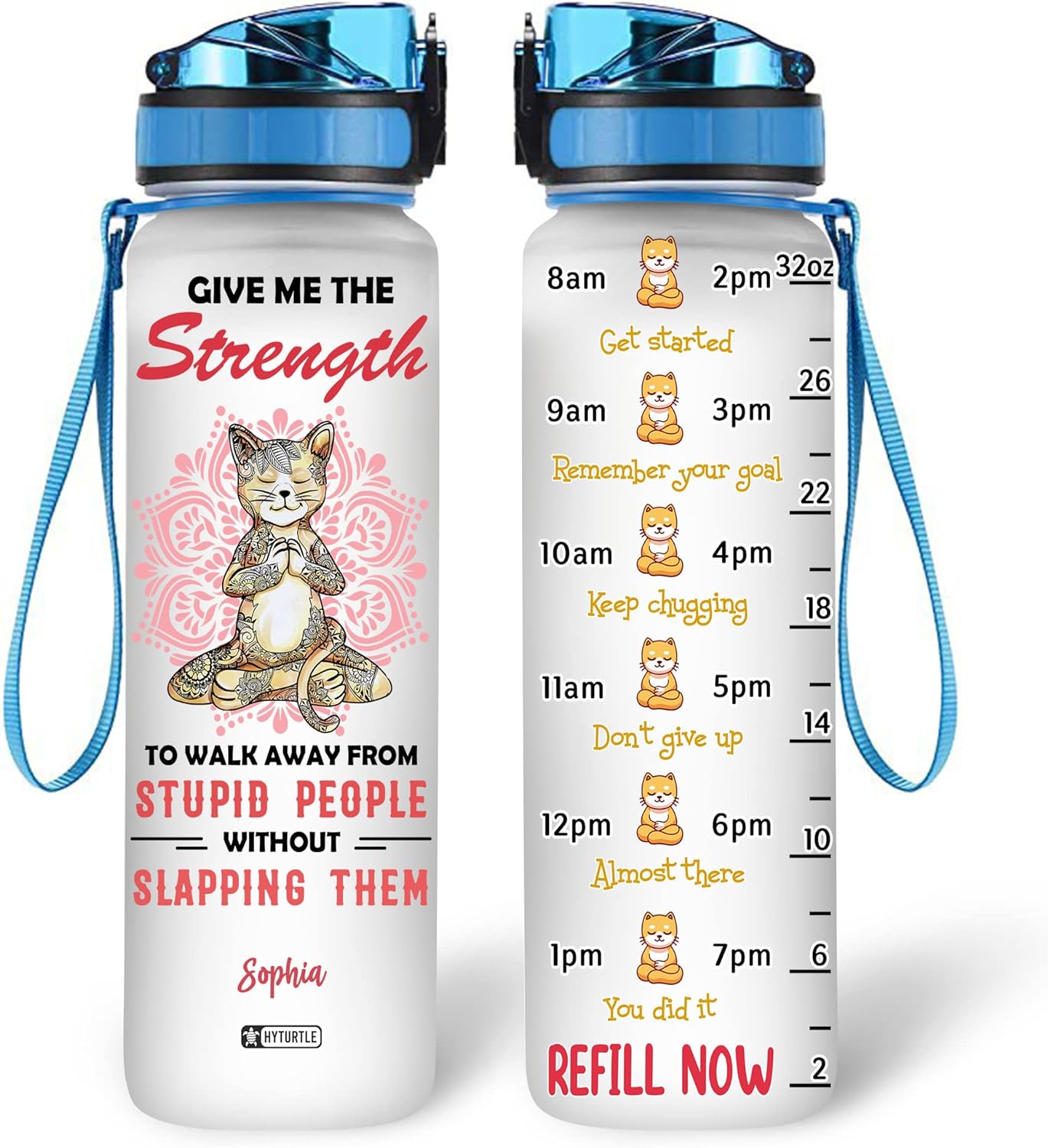 Cat Yoga Water Bottle Tracker 32oz – Personalized Motivational Bottle with Time Marker – Fun Gift for Cat Lovers