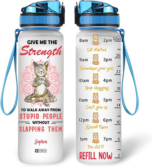 Cat Yoga Water Bottle Tracker 32oz – Personalized Motivational Bottle with Time Marker – Fun Gift for Cat Lovers